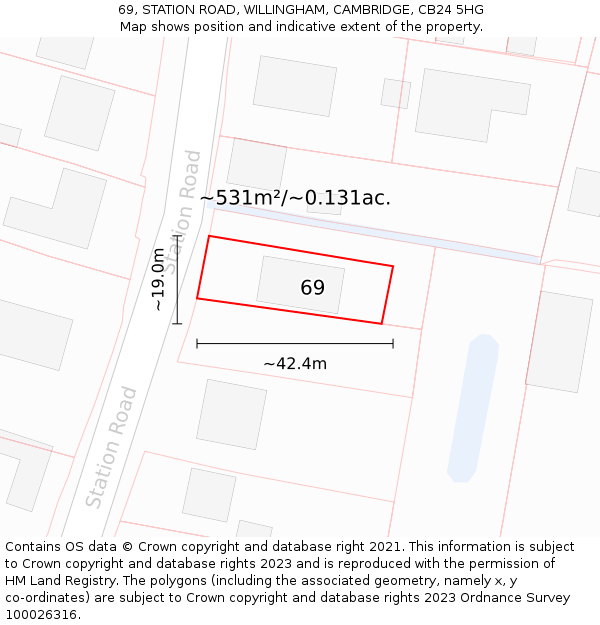 69, STATION ROAD, WILLINGHAM, CAMBRIDGE, CB24 5HG: Plot and title map