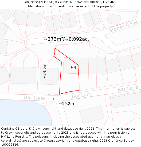 69, STONES DRIVE, RIPPONDEN, SOWERBY BRIDGE, HX6 4NY: Plot and title map