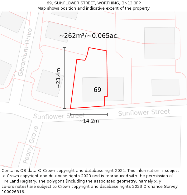 69, SUNFLOWER STREET, WORTHING, BN13 3FP: Plot and title map
