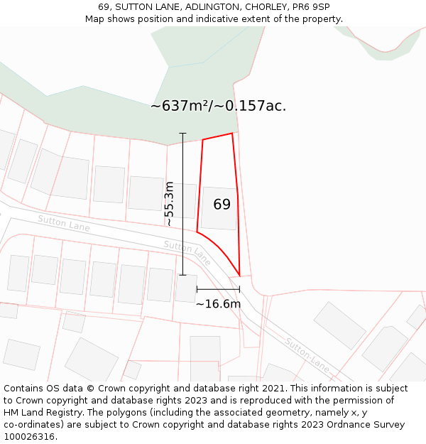 69, SUTTON LANE, ADLINGTON, CHORLEY, PR6 9SP: Plot and title map