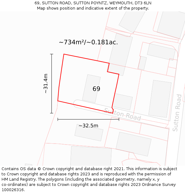 69, SUTTON ROAD, SUTTON POYNTZ, WEYMOUTH, DT3 6LN: Plot and title map
