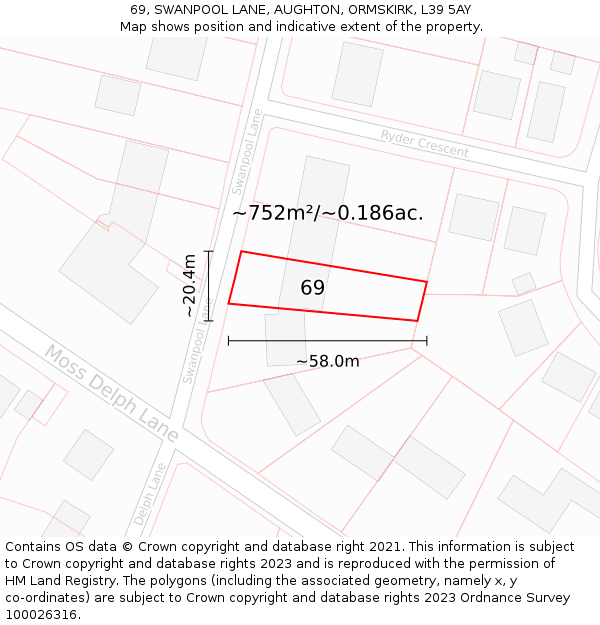 69, SWANPOOL LANE, AUGHTON, ORMSKIRK, L39 5AY: Plot and title map