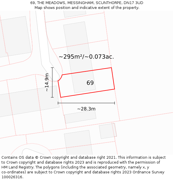 69, THE MEADOWS, MESSINGHAM, SCUNTHORPE, DN17 3UD: Plot and title map