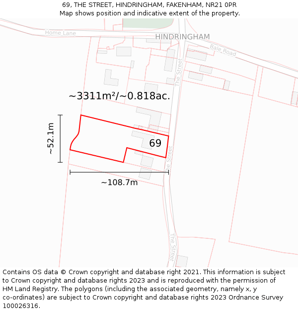 69, THE STREET, HINDRINGHAM, FAKENHAM, NR21 0PR: Plot and title map