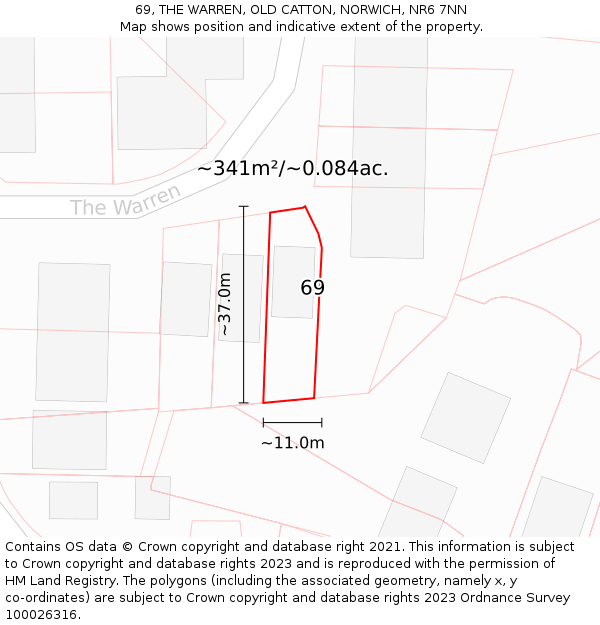 69, THE WARREN, OLD CATTON, NORWICH, NR6 7NN: Plot and title map