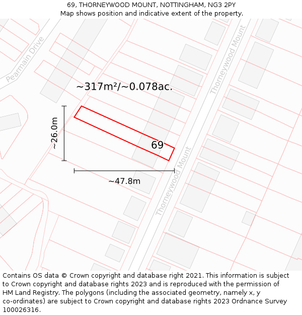 69, THORNEYWOOD MOUNT, NOTTINGHAM, NG3 2PY: Plot and title map