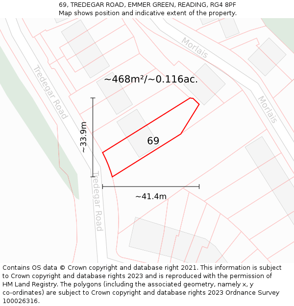 69, TREDEGAR ROAD, EMMER GREEN, READING, RG4 8PF: Plot and title map