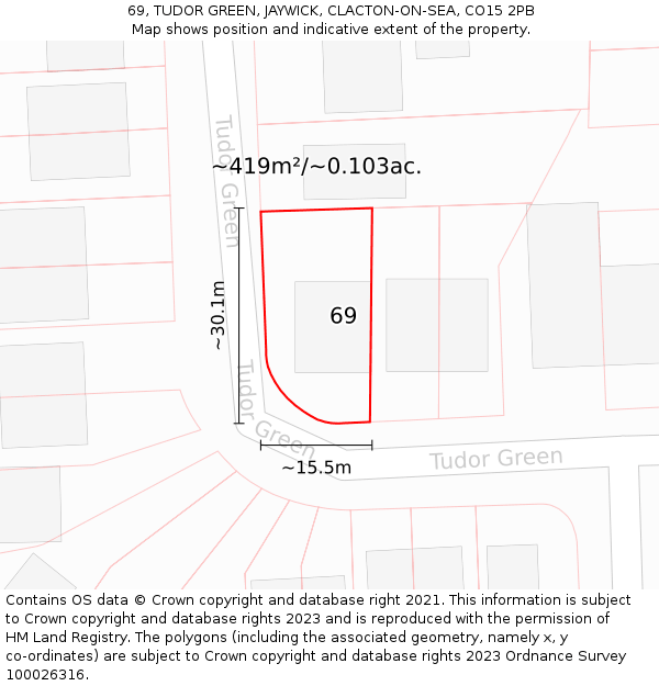 69, TUDOR GREEN, JAYWICK, CLACTON-ON-SEA, CO15 2PB: Plot and title map