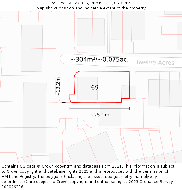 69, TWELVE ACRES, BRAINTREE, CM7 3RY: Plot and title map