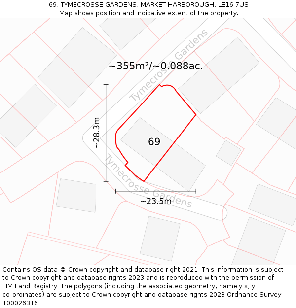 69, TYMECROSSE GARDENS, MARKET HARBOROUGH, LE16 7US: Plot and title map