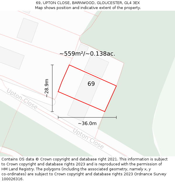 69, UPTON CLOSE, BARNWOOD, GLOUCESTER, GL4 3EX: Plot and title map
