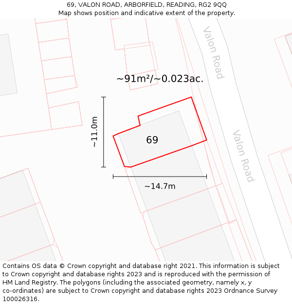 69, VALON ROAD, ARBORFIELD, READING, RG2 9QQ: Plot and title map