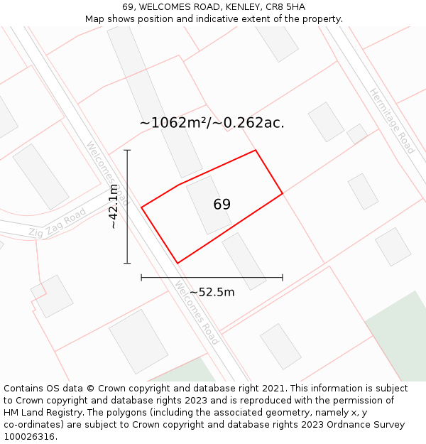 69, WELCOMES ROAD, KENLEY, CR8 5HA: Plot and title map