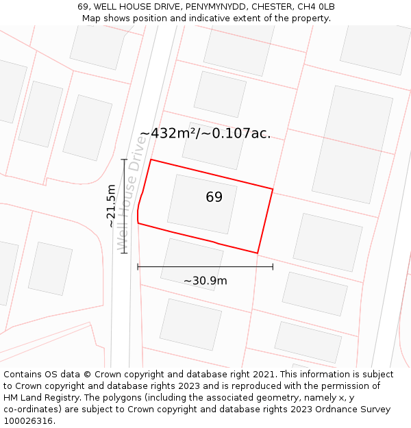 69, WELL HOUSE DRIVE, PENYMYNYDD, CHESTER, CH4 0LB: Plot and title map