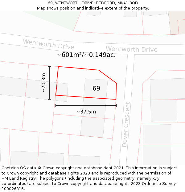 69, WENTWORTH DRIVE, BEDFORD, MK41 8QB: Plot and title map