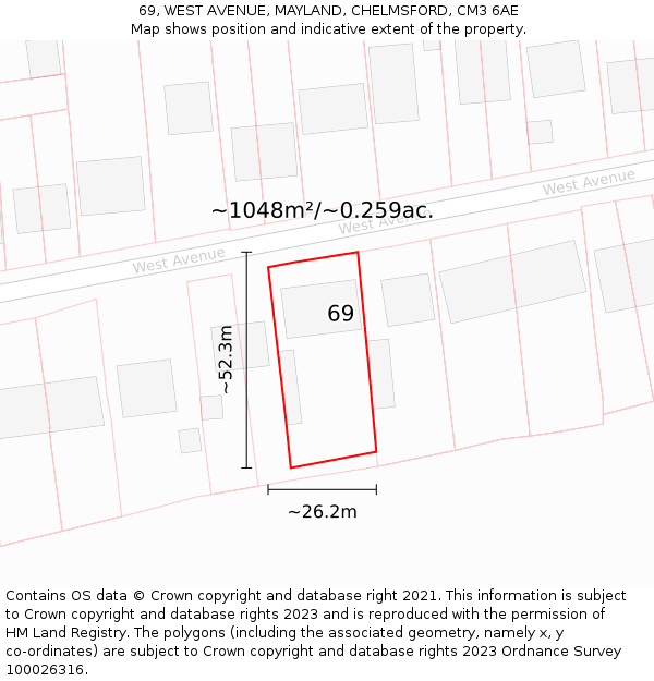 69, WEST AVENUE, MAYLAND, CHELMSFORD, CM3 6AE: Plot and title map