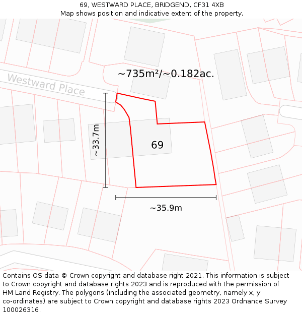 69, WESTWARD PLACE, BRIDGEND, CF31 4XB: Plot and title map