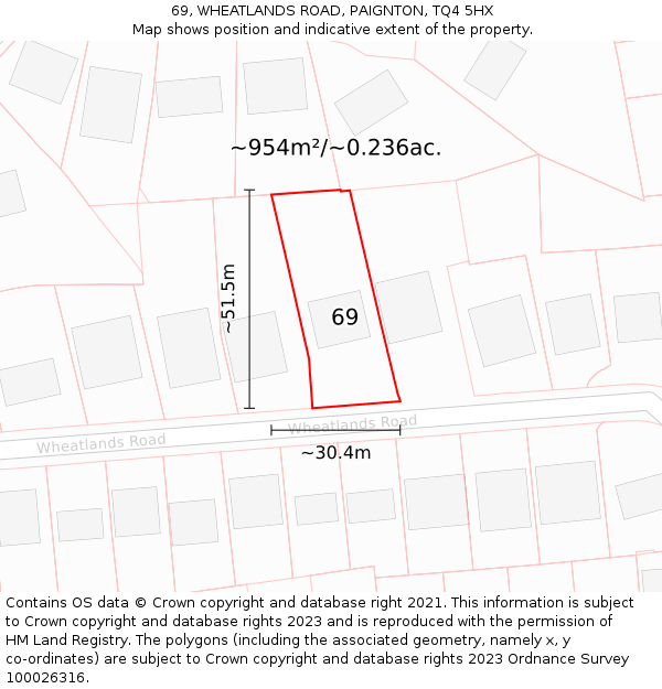69, WHEATLANDS ROAD, PAIGNTON, TQ4 5HX: Plot and title map