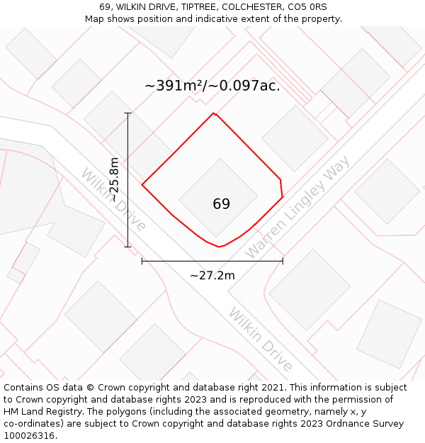 69, WILKIN DRIVE, TIPTREE, COLCHESTER, CO5 0RS: Plot and title map