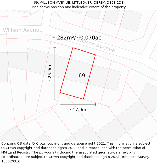 69, WILLSON AVENUE, LITTLEOVER, DERBY, DE23 1DB: Plot and title map