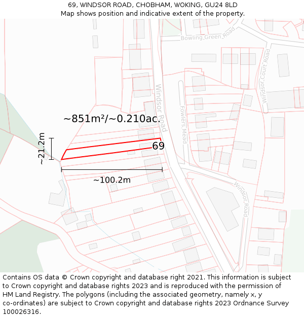 69, WINDSOR ROAD, CHOBHAM, WOKING, GU24 8LD: Plot and title map