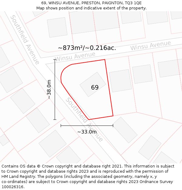 69, WINSU AVENUE, PRESTON, PAIGNTON, TQ3 1QE: Plot and title map