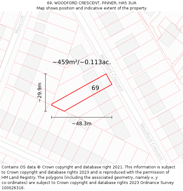69, WOODFORD CRESCENT, PINNER, HA5 3UA: Plot and title map