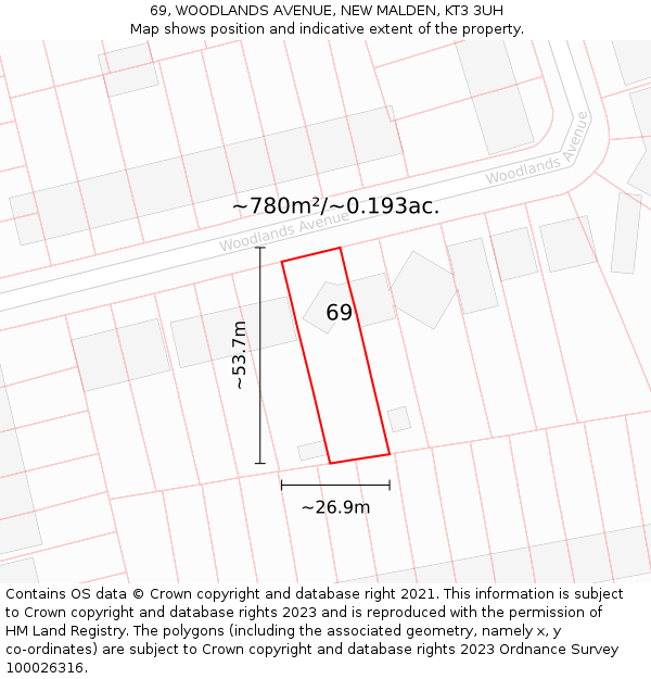 69, WOODLANDS AVENUE, NEW MALDEN, KT3 3UH: Plot and title map