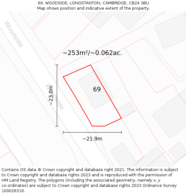 69, WOODSIDE, LONGSTANTON, CAMBRIDGE, CB24 3BU: Plot and title map