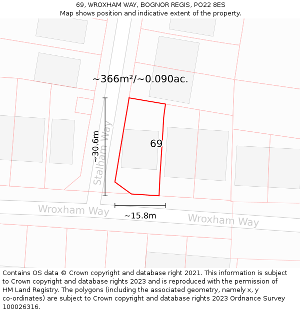 69, WROXHAM WAY, BOGNOR REGIS, PO22 8ES: Plot and title map