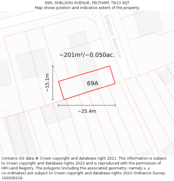 69A, SHELSON AVENUE, FELTHAM, TW13 4QT: Plot and title map