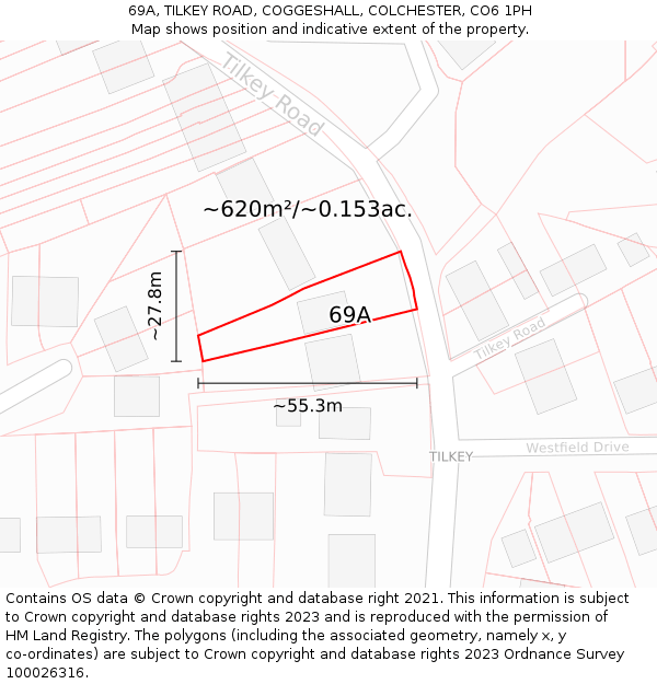 69A, TILKEY ROAD, COGGESHALL, COLCHESTER, CO6 1PH: Plot and title map