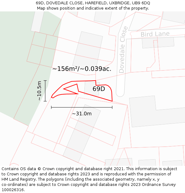 69D, DOVEDALE CLOSE, HAREFIELD, UXBRIDGE, UB9 6DQ: Plot and title map
