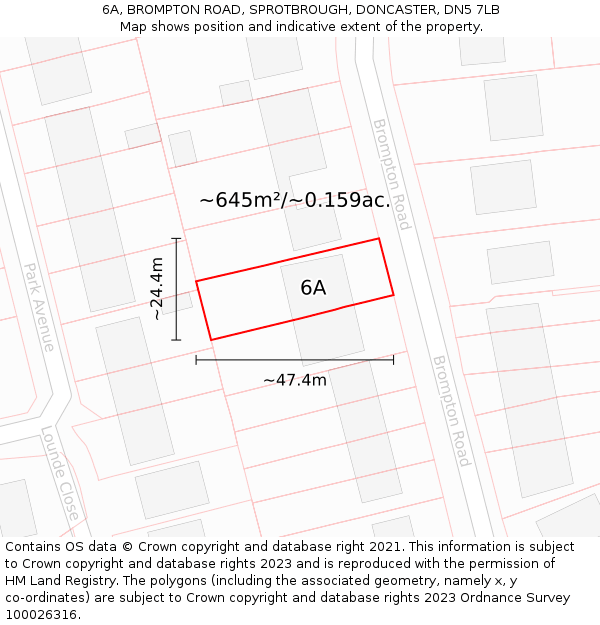 6A, BROMPTON ROAD, SPROTBROUGH, DONCASTER, DN5 7LB: Plot and title map