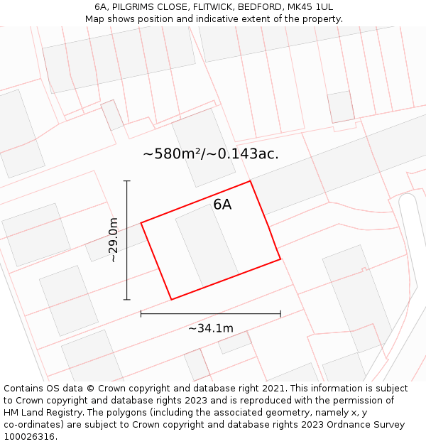 6A, PILGRIMS CLOSE, FLITWICK, BEDFORD, MK45 1UL: Plot and title map
