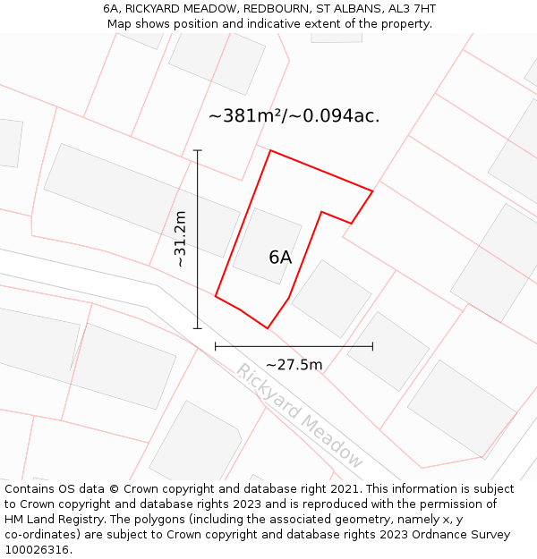 6A, RICKYARD MEADOW, REDBOURN, ST ALBANS, AL3 7HT: Plot and title map