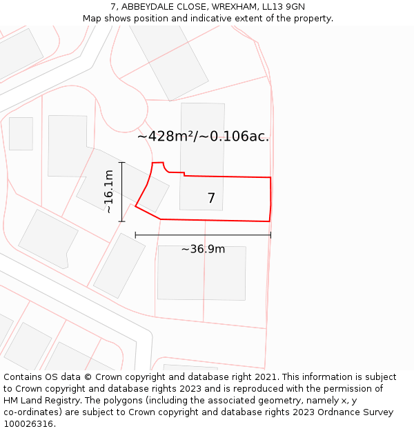 7, ABBEYDALE CLOSE, WREXHAM, LL13 9GN: Plot and title map