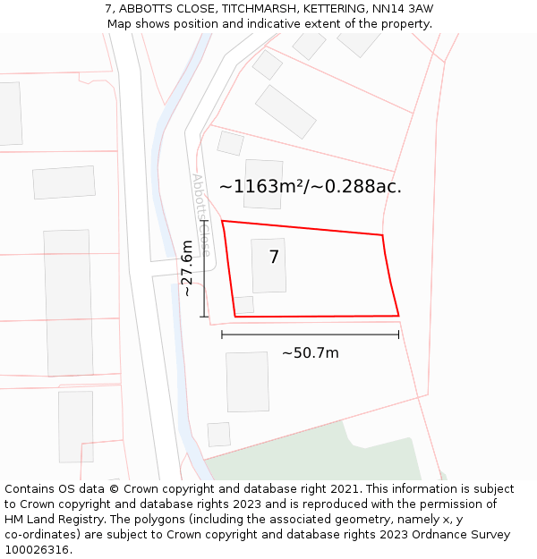7, ABBOTTS CLOSE, TITCHMARSH, KETTERING, NN14 3AW: Plot and title map