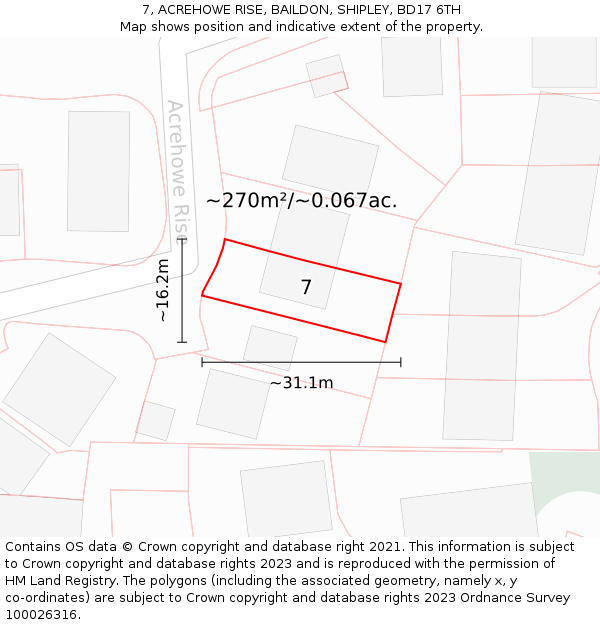 7, ACREHOWE RISE, BAILDON, SHIPLEY, BD17 6TH: Plot and title map