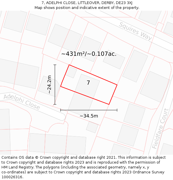 7, ADELPHI CLOSE, LITTLEOVER, DERBY, DE23 3XJ: Plot and title map