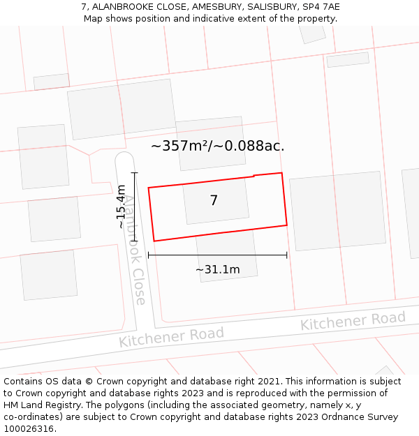 7, ALANBROOKE CLOSE, AMESBURY, SALISBURY, SP4 7AE: Plot and title map