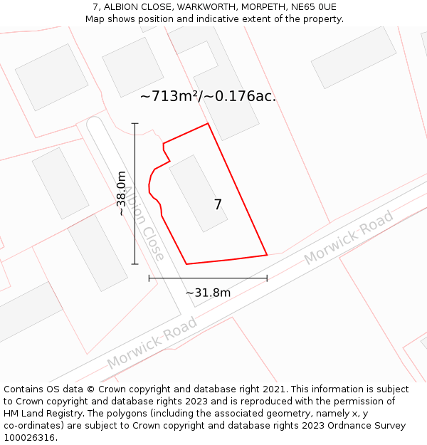 7, ALBION CLOSE, WARKWORTH, MORPETH, NE65 0UE: Plot and title map