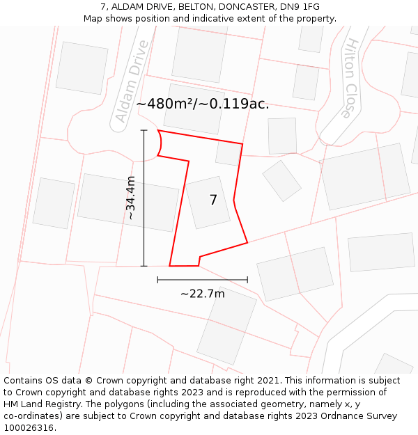 7, ALDAM DRIVE, BELTON, DONCASTER, DN9 1FG: Plot and title map