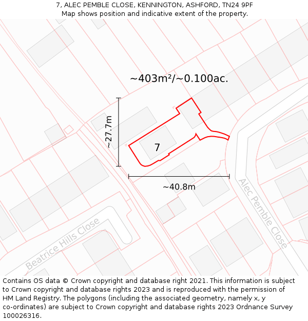 7, ALEC PEMBLE CLOSE, KENNINGTON, ASHFORD, TN24 9PF: Plot and title map