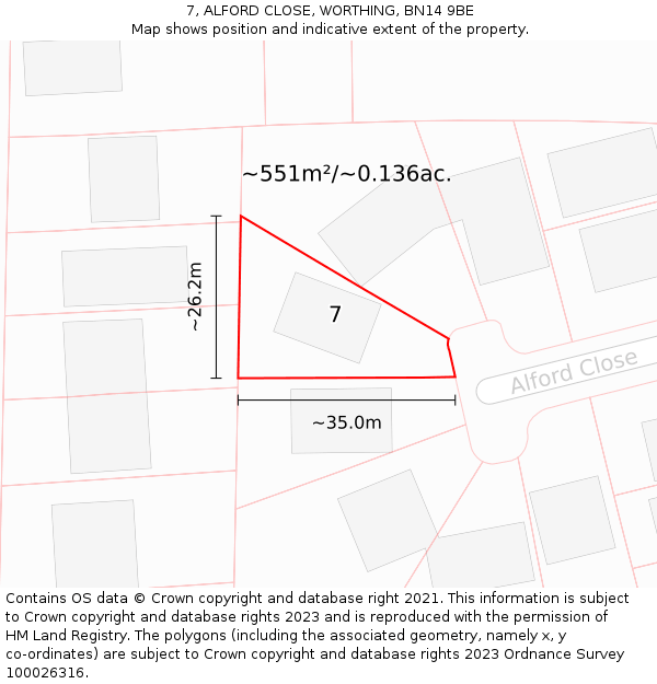 7, ALFORD CLOSE, WORTHING, BN14 9BE: Plot and title map
