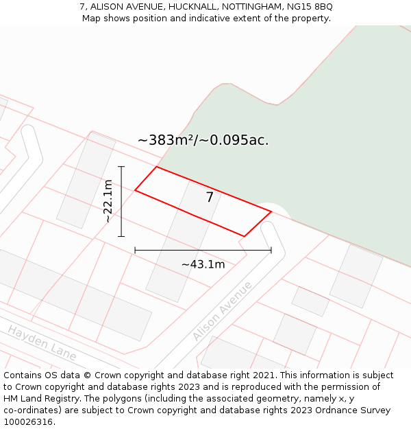 7, ALISON AVENUE, HUCKNALL, NOTTINGHAM, NG15 8BQ: Plot and title map