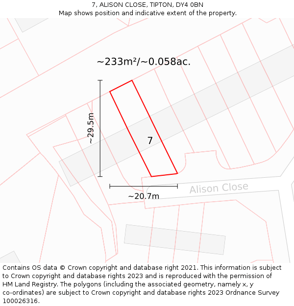 7, ALISON CLOSE, TIPTON, DY4 0BN: Plot and title map
