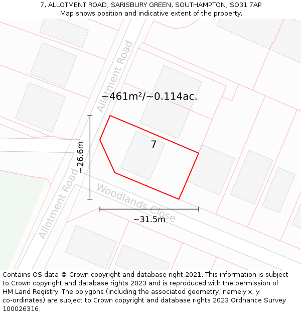 7, ALLOTMENT ROAD, SARISBURY GREEN, SOUTHAMPTON, SO31 7AP: Plot and title map