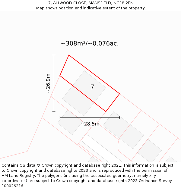 7, ALLWOOD CLOSE, MANSFIELD, NG18 2EN: Plot and title map