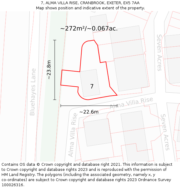 7, ALMA VILLA RISE, CRANBROOK, EXETER, EX5 7AA: Plot and title map